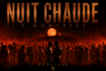 Pochette de Nuit chaude à Montréal par FYBulous, montrant une foule dansant sous une lumière rouge orangée, avec deux hommes au centre et la pleine lune derrière le mont Royal.