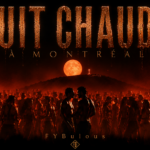Pochette de Nuit chaude à Montréal par FYBulous, montrant une foule dansant sous une lumière rouge orangée, avec deux hommes au centre et la pleine lune derrière le mont Royal.
