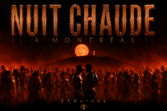 Pochette de Nuit chaude à Montréal par FYBulous, montrant une foule dansant sous une lumière rouge orangée, avec deux hommes au centre et la pleine lune derrière le mont Royal.