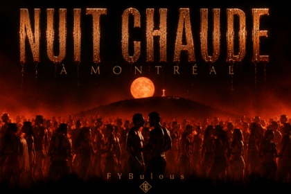 Pochette de Nuit chaude à Montréal par FYBulous, montrant une foule dansant sous une lumière rouge orangée, avec deux hommes au centre et la pleine lune derrière le mont Royal.
