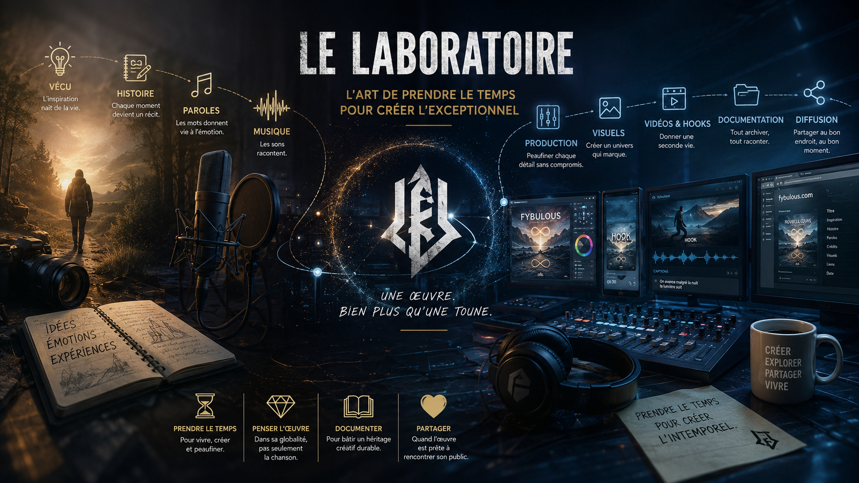 Studio créatif illustrant le processus FYBulous, du vécu et de l’écriture jusqu’à la musique, aux visuels, aux vidéos, à la documentation et à la diffusion.