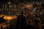 Pochette de « Le Roi attendra » de FYBulous montrant le roi, sa femme et le petit prince face à une foule qui recherche le narrateur, tandis que des scènes en arrière-plan évoquent sa vie ailleurs.