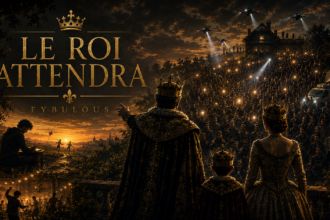 Pochette de « Le Roi attendra » de FYBulous montrant le roi, sa femme et le petit prince face à une foule qui recherche le narrateur, tandis que des scènes en arrière-plan évoquent sa vie ailleurs.